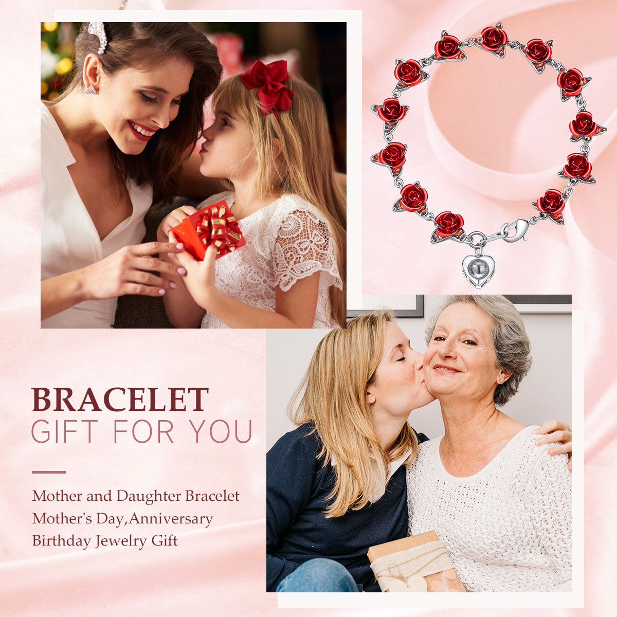 Personalized Rose Flower Heart Photo Projection Bracelet for Women
