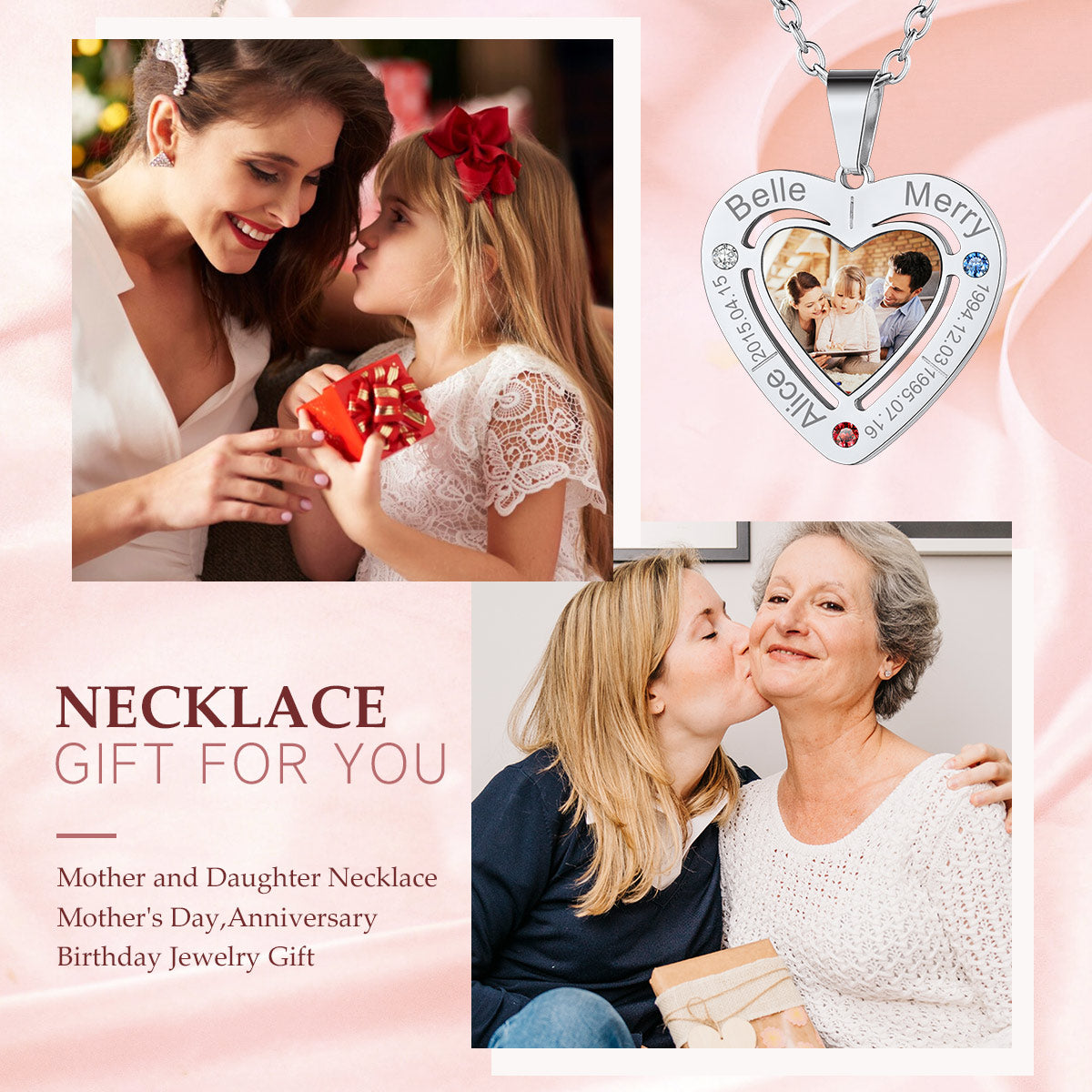 Personalized Heart Photo Birthstone Necklace with Name Engraved