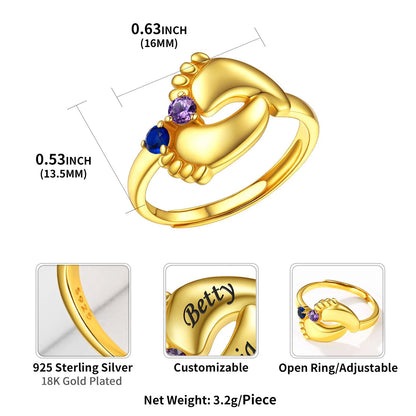 Personalized Footprint Mother's Birthstone Ring with Names
