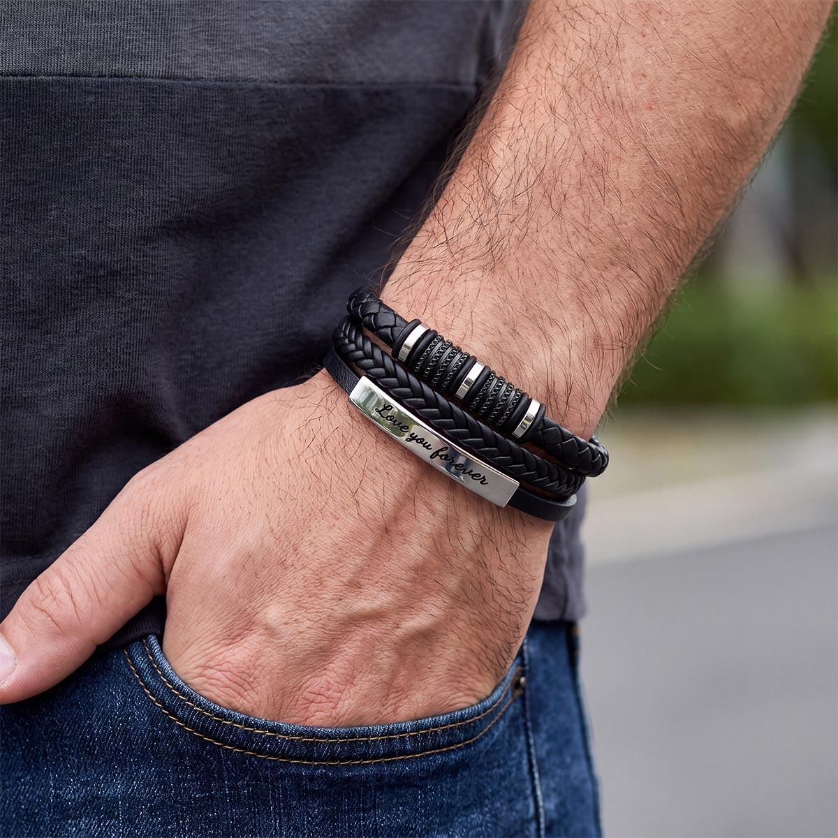Custom Multi-Layer Braided Leather Bracelet Engraved Wristband for Men