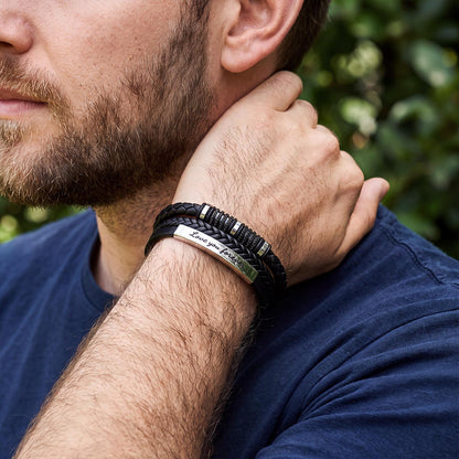 Custom Multi-Layer Braided Leather Bracelet Engraved Wristband for Men