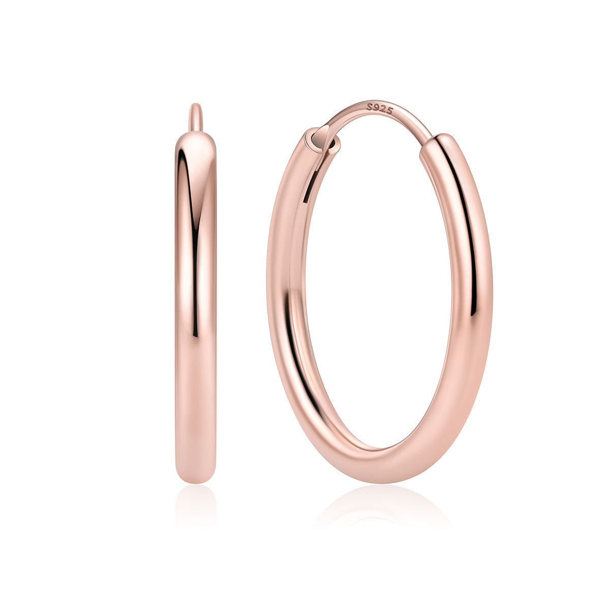 20mm Rose gold hoop earrings on a white background