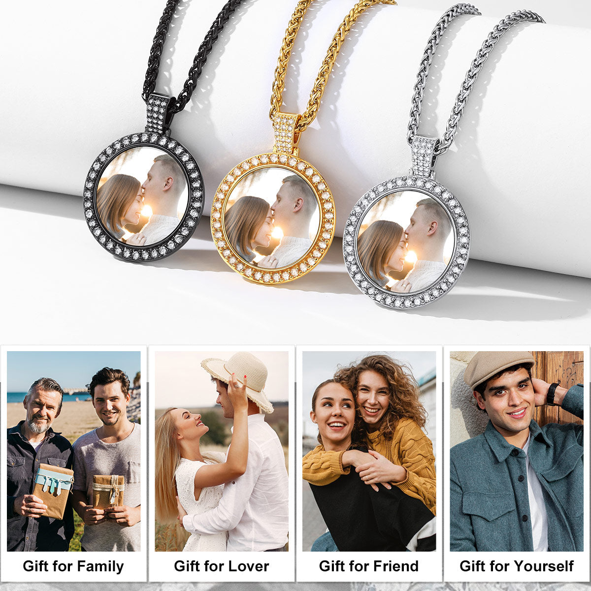 Three personalized necklaces with photos on a white background, with text about customizable gifts 
