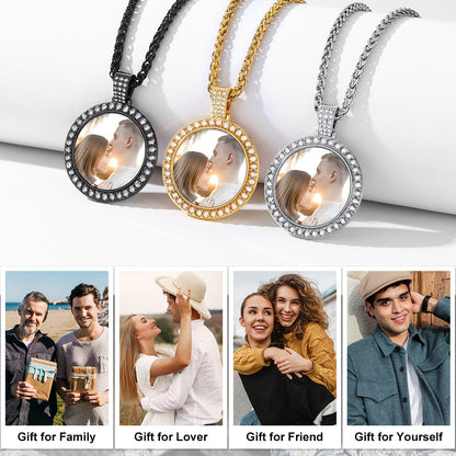 Three personalized necklaces with photos on a white background, with text about customizable gifts 