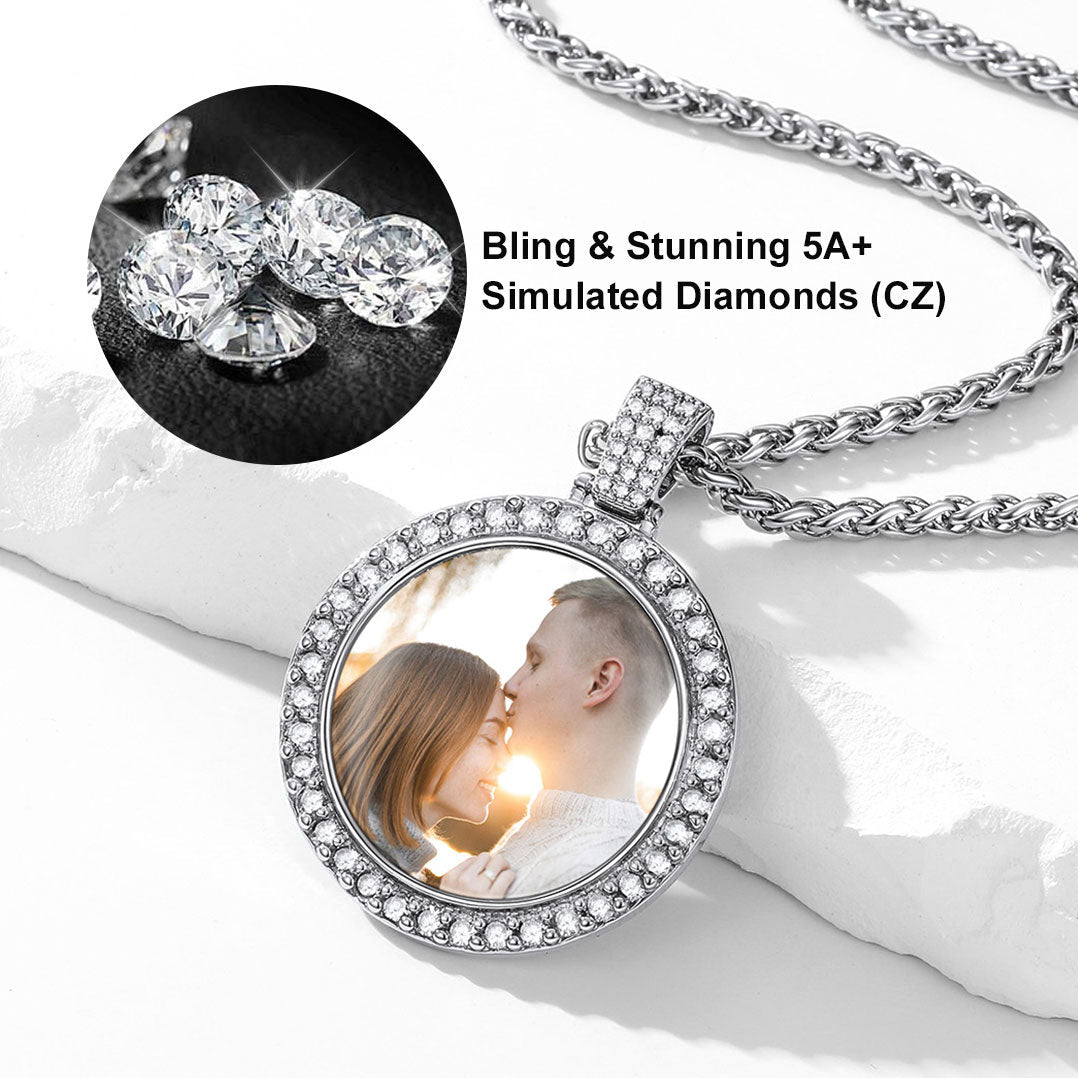 Memorial necklace with picture feature, showing a close-up of the pendant 