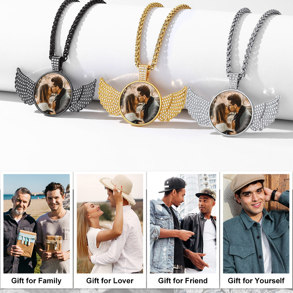 Personalized necklaces with photo charms for men and women, featuring different styles and occasions.