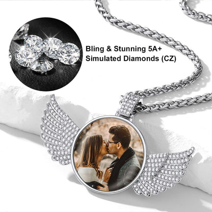 Memorial necklace with a photo pendant and simulated diamonds on a white background