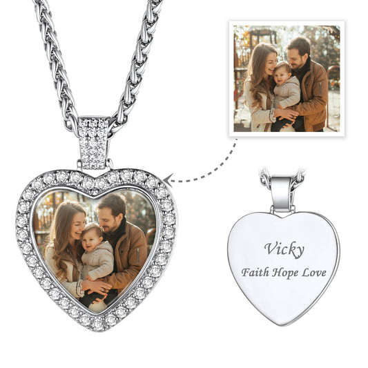 Personalized Heart Photo Pendant Necklace With Cubic Zirconia