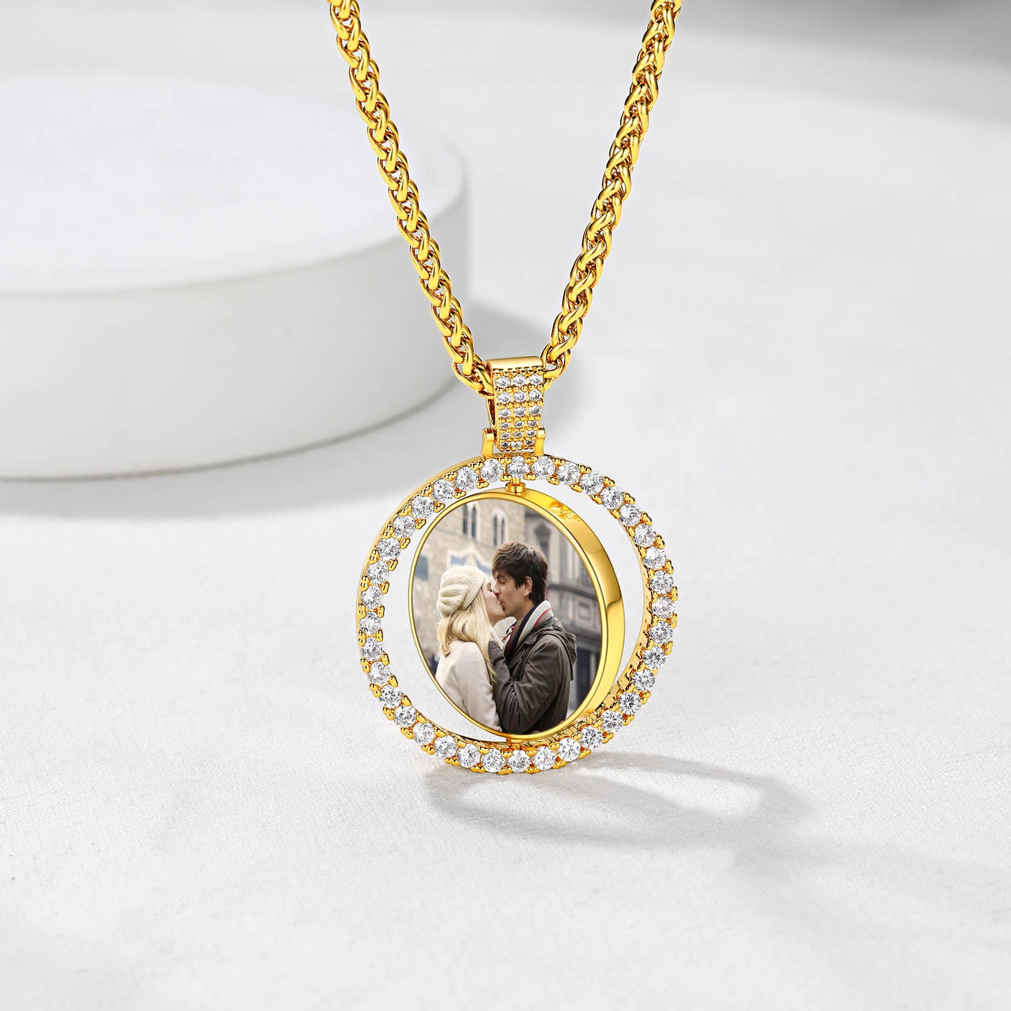 Customized Double Sided Picture Necklace With Cubic Zirconia