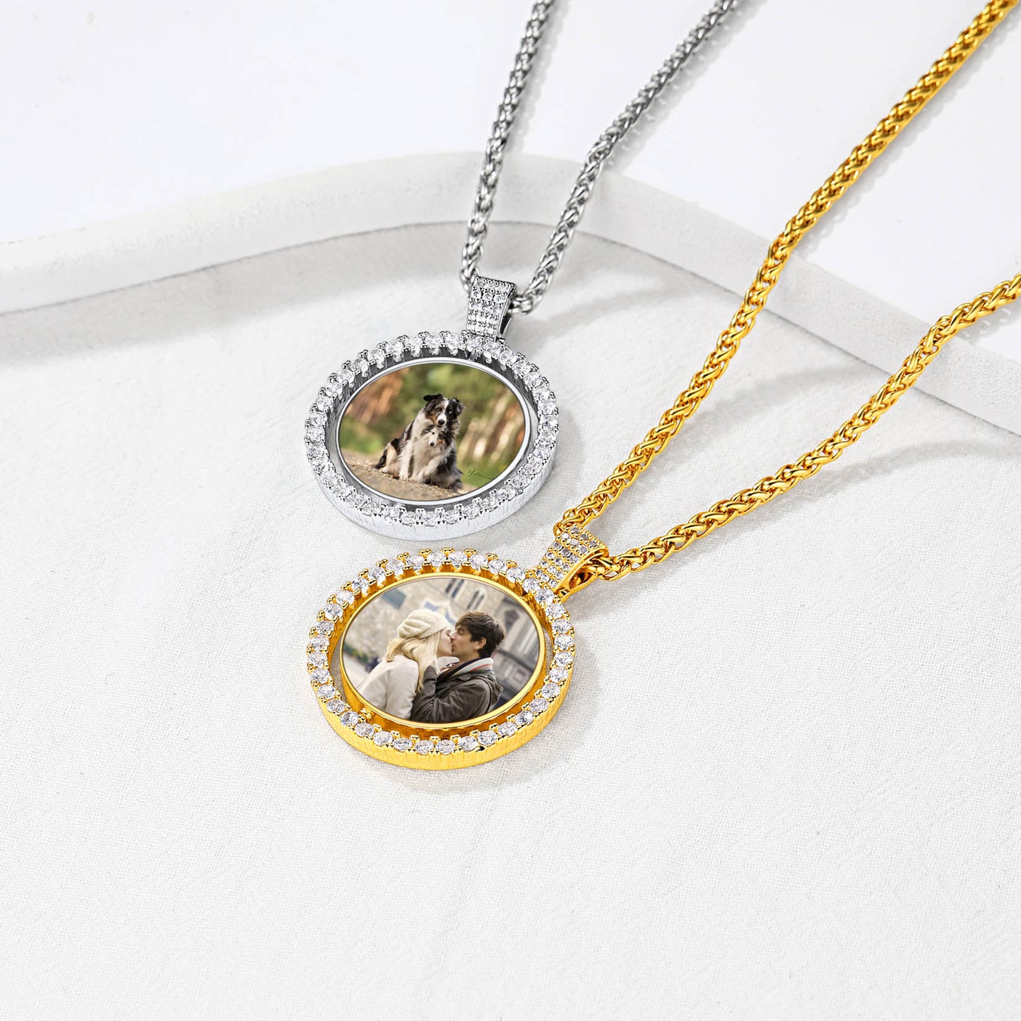 Customized Double Sided Picture Necklace With Cubic Zirconia