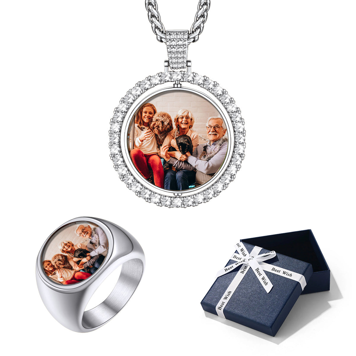 Steel Custom Photo Necklace and Ring Set with blue gift box