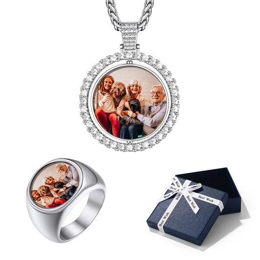 Steel Custom Photo Necklace and Ring Set with blue gift box