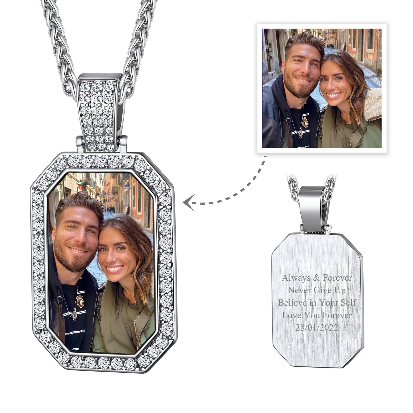 Personalized Cubic Zirconia Octagonal Tag Pictures Necklace for Men Women-test