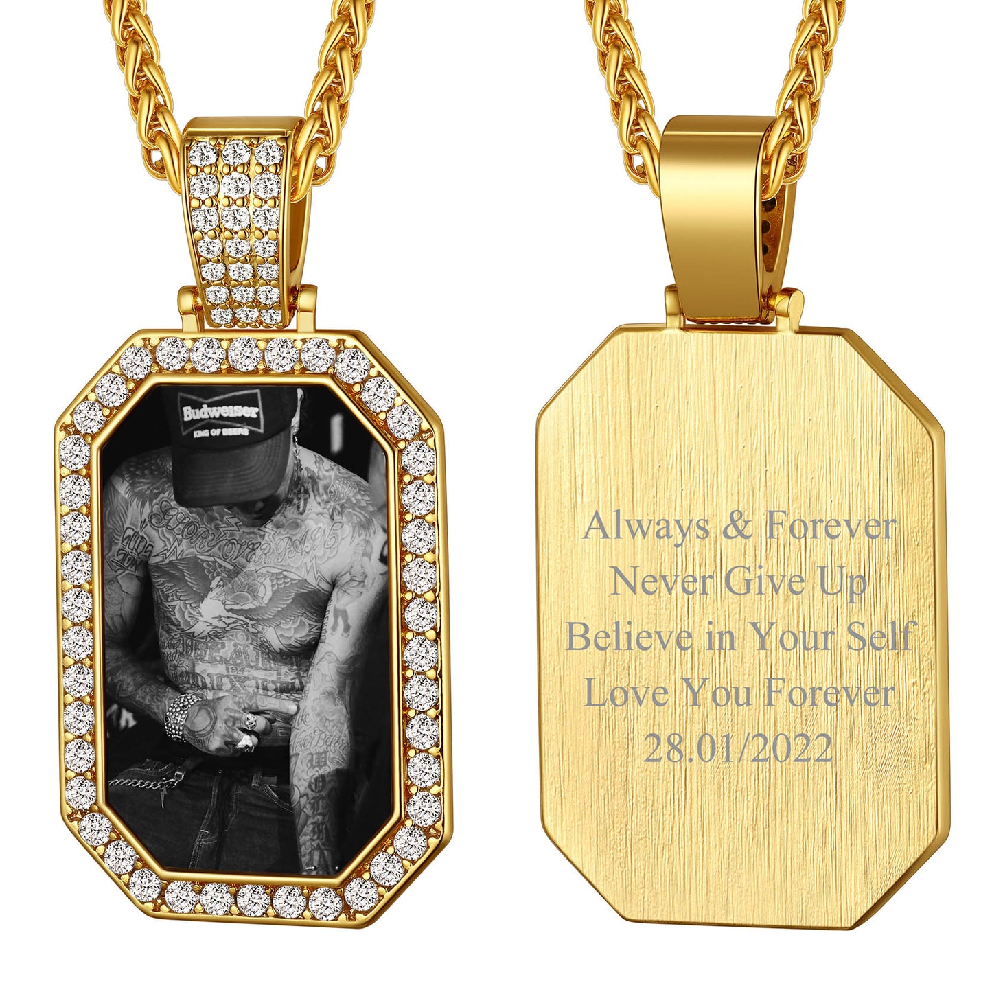 Personalized Cubic Zirconia Octagonal Picture Dog Tag Necklace for Men