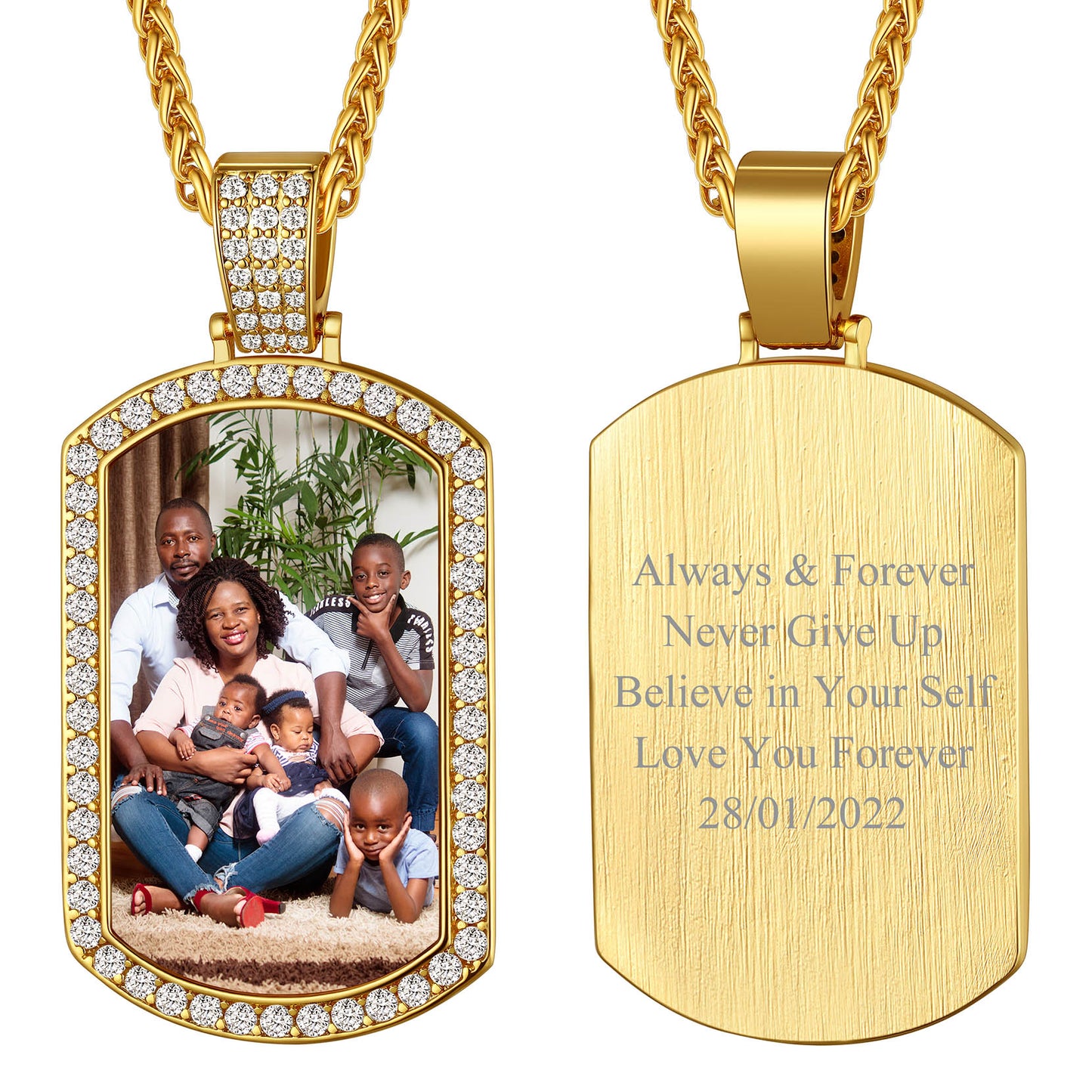 Personalized Cubic Zirconia Dog Tag Pictures Necklace for Men Women