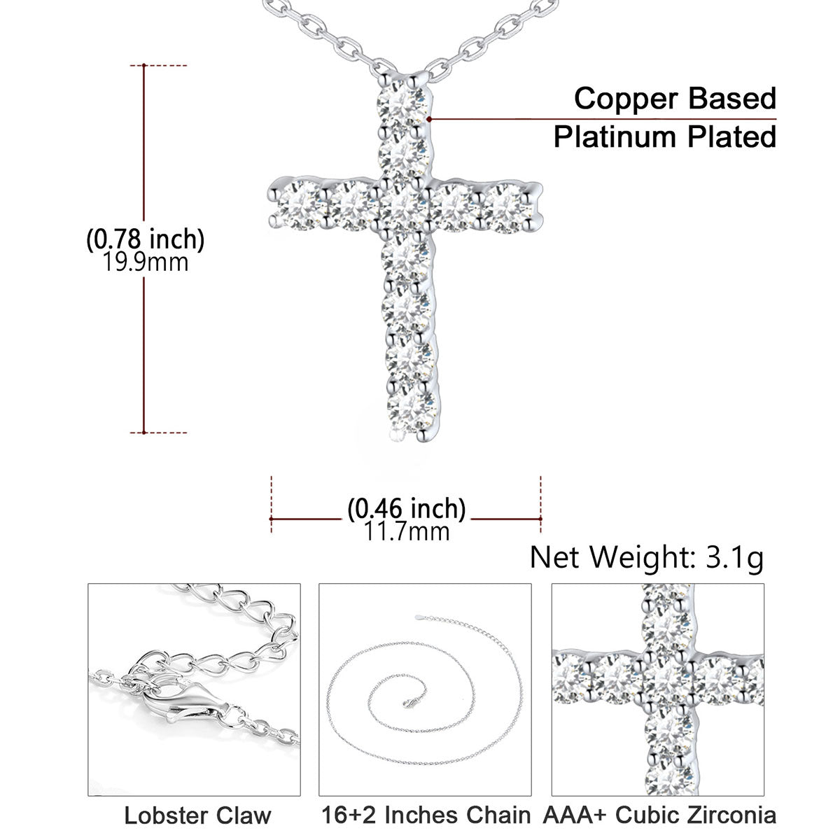 Cubic Zirconia Dainty Cross Necklace for Women
