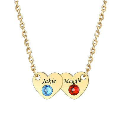 2 Hearts Name Birthstone Necklace Gold Plated