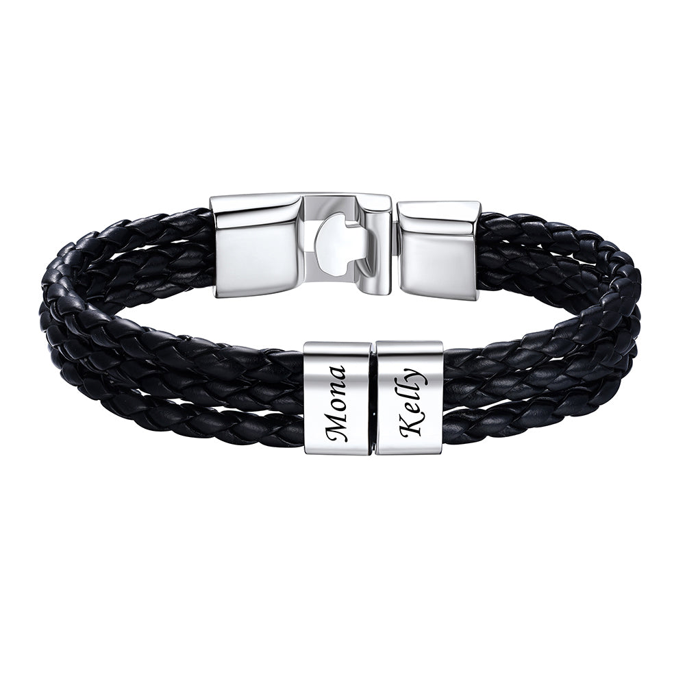 2 Name Beads Leather Braided Layer Bracelet