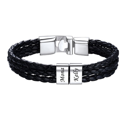 2 Name Beads Leather Braided Layer Bracelet