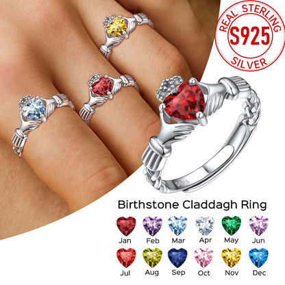Set of birthstone claddagh rings with a close-up on a hand and a 'Real Sterling S925' stamp.
