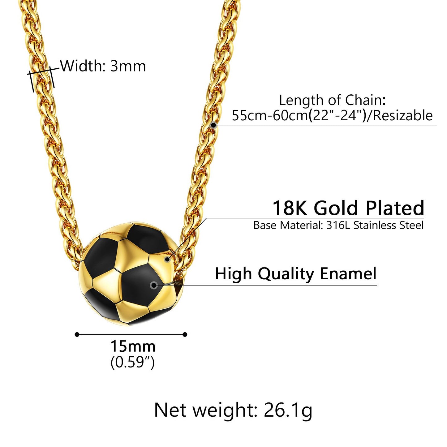 316L Stainless Steel 3D Soccer Necklaces in Dimension, Durable