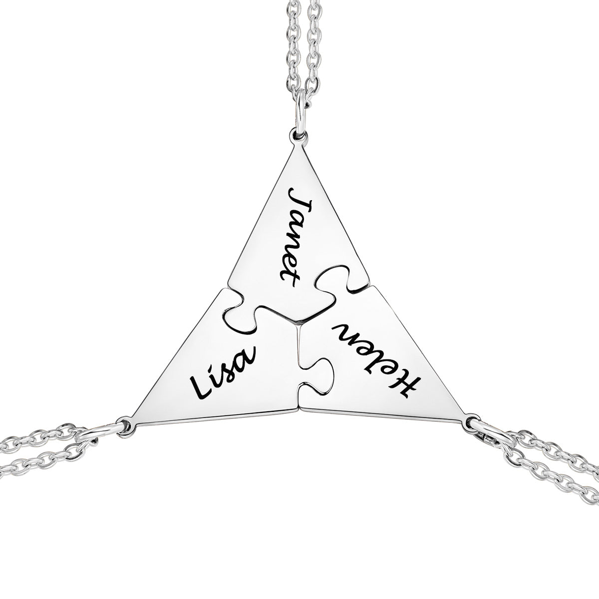 3PCS silver puzzle necklace with interlocking puzzle pieces engraved with names on a white background