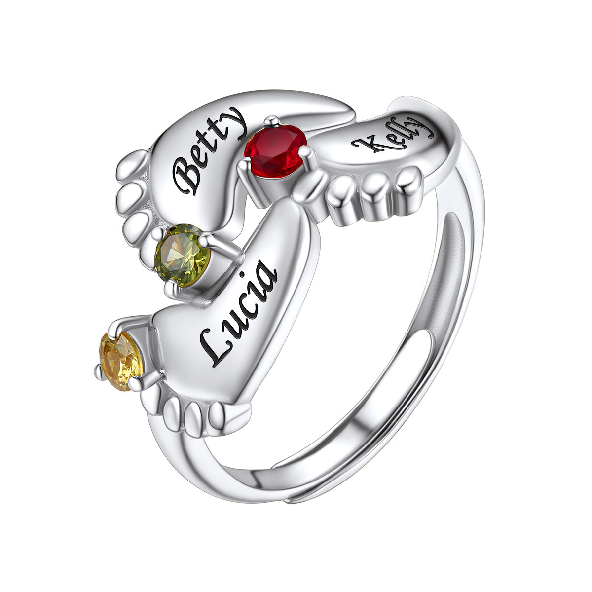 3 Footprint Mother's Birthstone Ring with Names