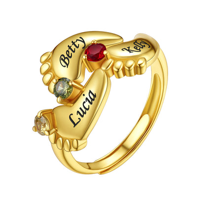 3 Footprint Mother's Birthstone Ring with Names Gold Plated