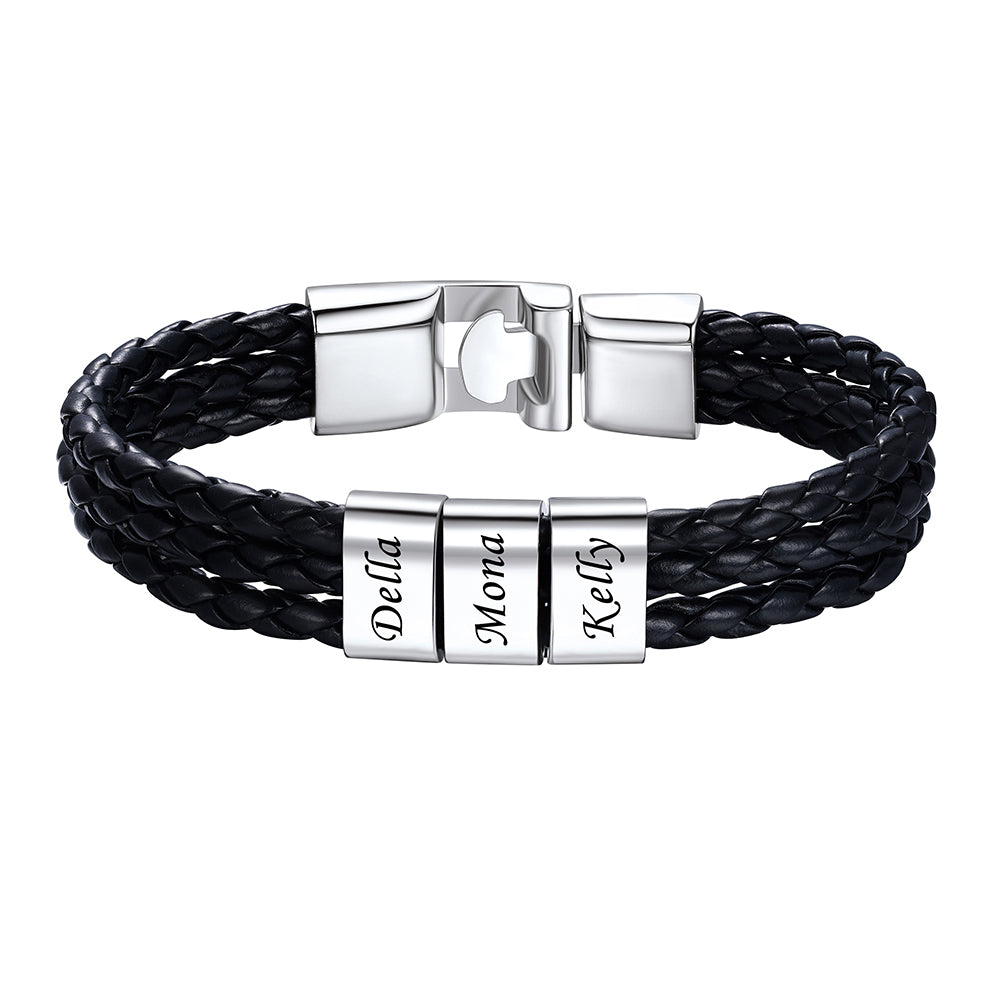 3 Name Beads Leather Braided Layer Bracelet
