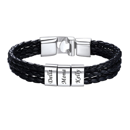 3 Name Beads Leather Braided Layer Bracelet