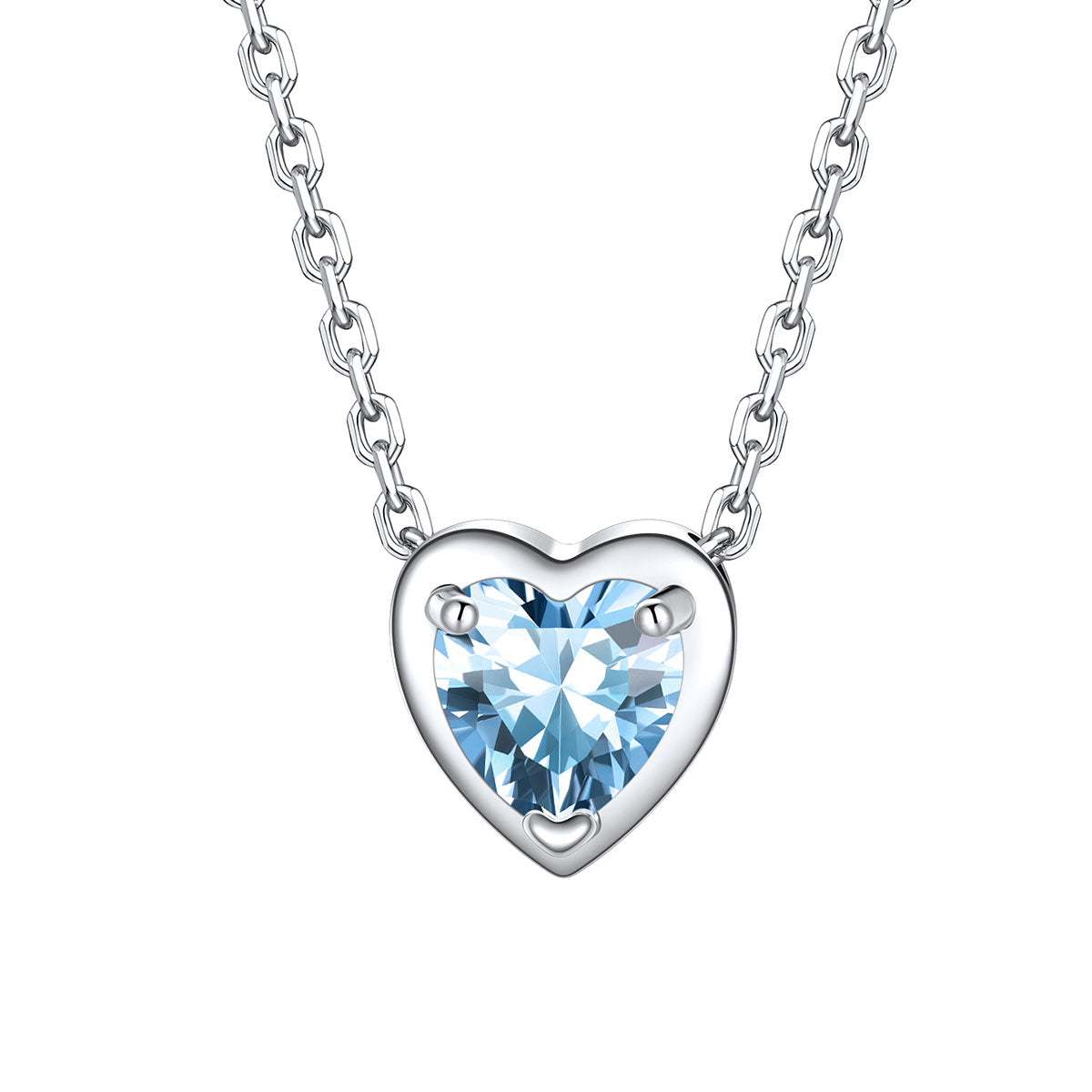 Silver Heart March Birthstone Necklace on a white background