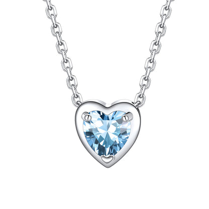 Silver Heart March Birthstone Necklace on a white background