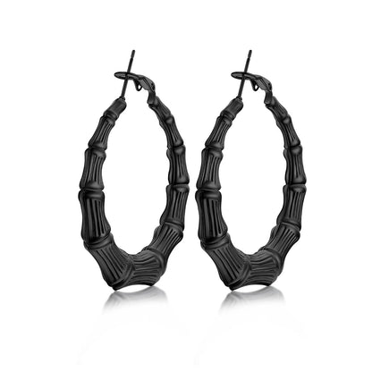 40mm Black bamboo hoop earrings with textured design on a white background
