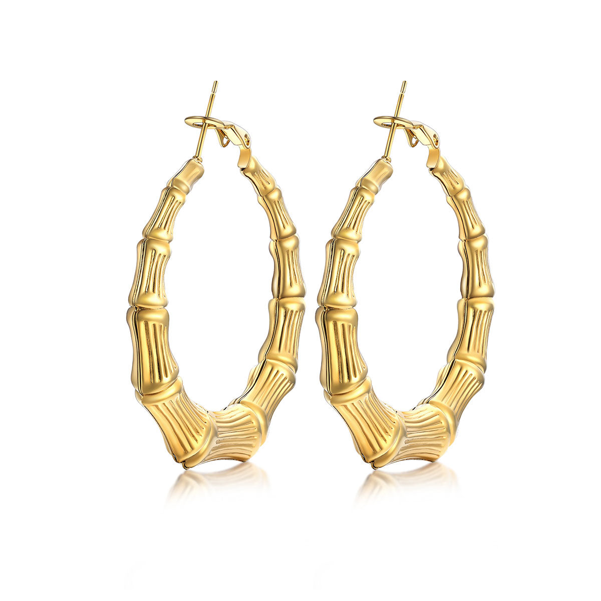 40mm Gold bamboo hoop earrings with bamboo design on a white background