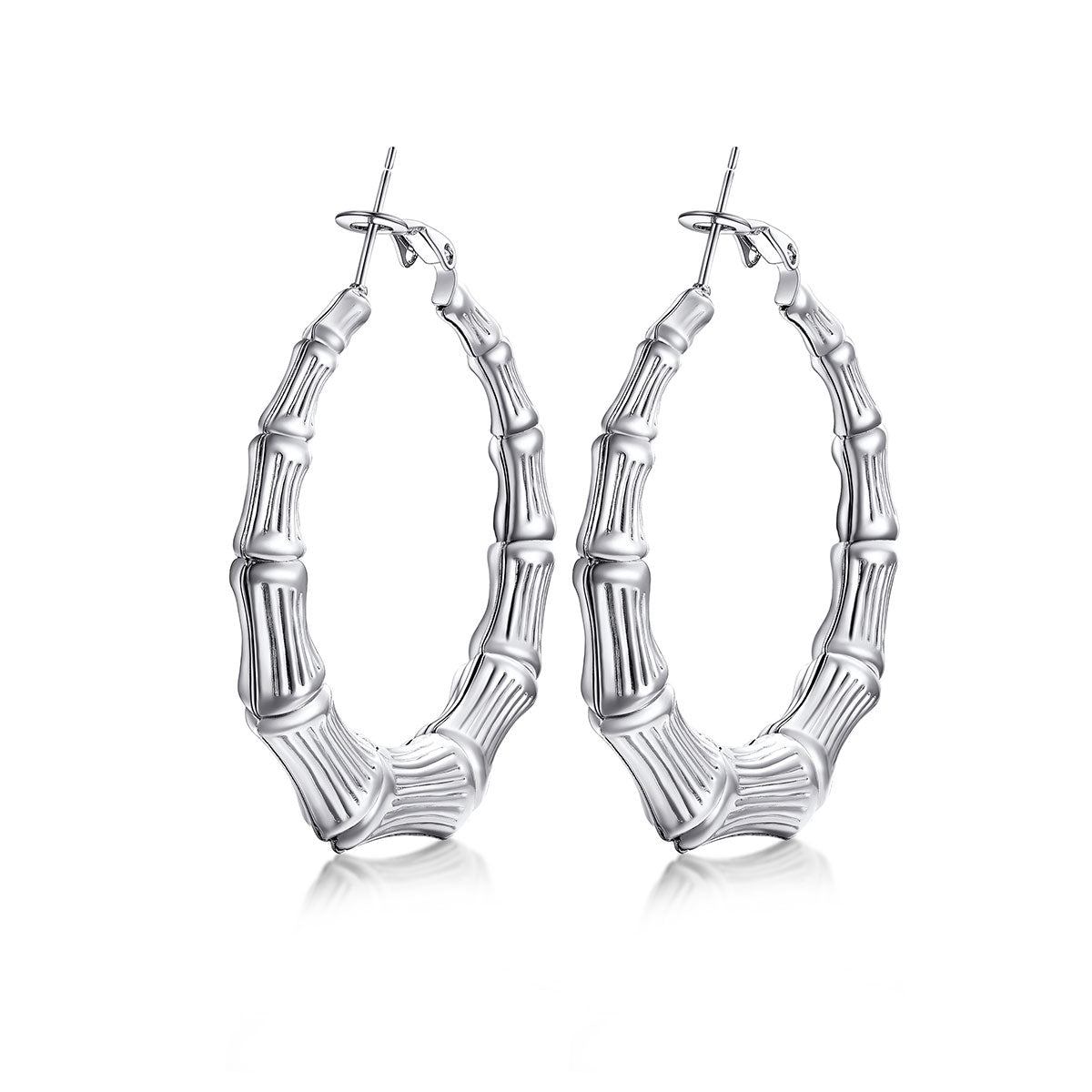 40mm Silver bamboo hoop earrings with bamboo design on a white background