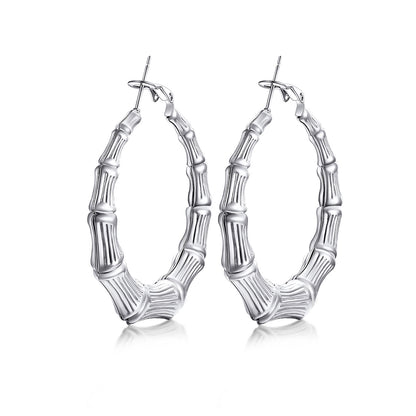 40mm Silver bamboo hoop earrings with bamboo design on a white background