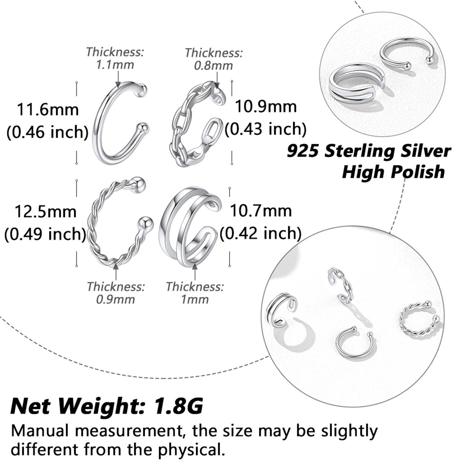 4Pcs Ear Cuffs Earrings Set Non Piercing Dimension, Durable, Hypoallergenic