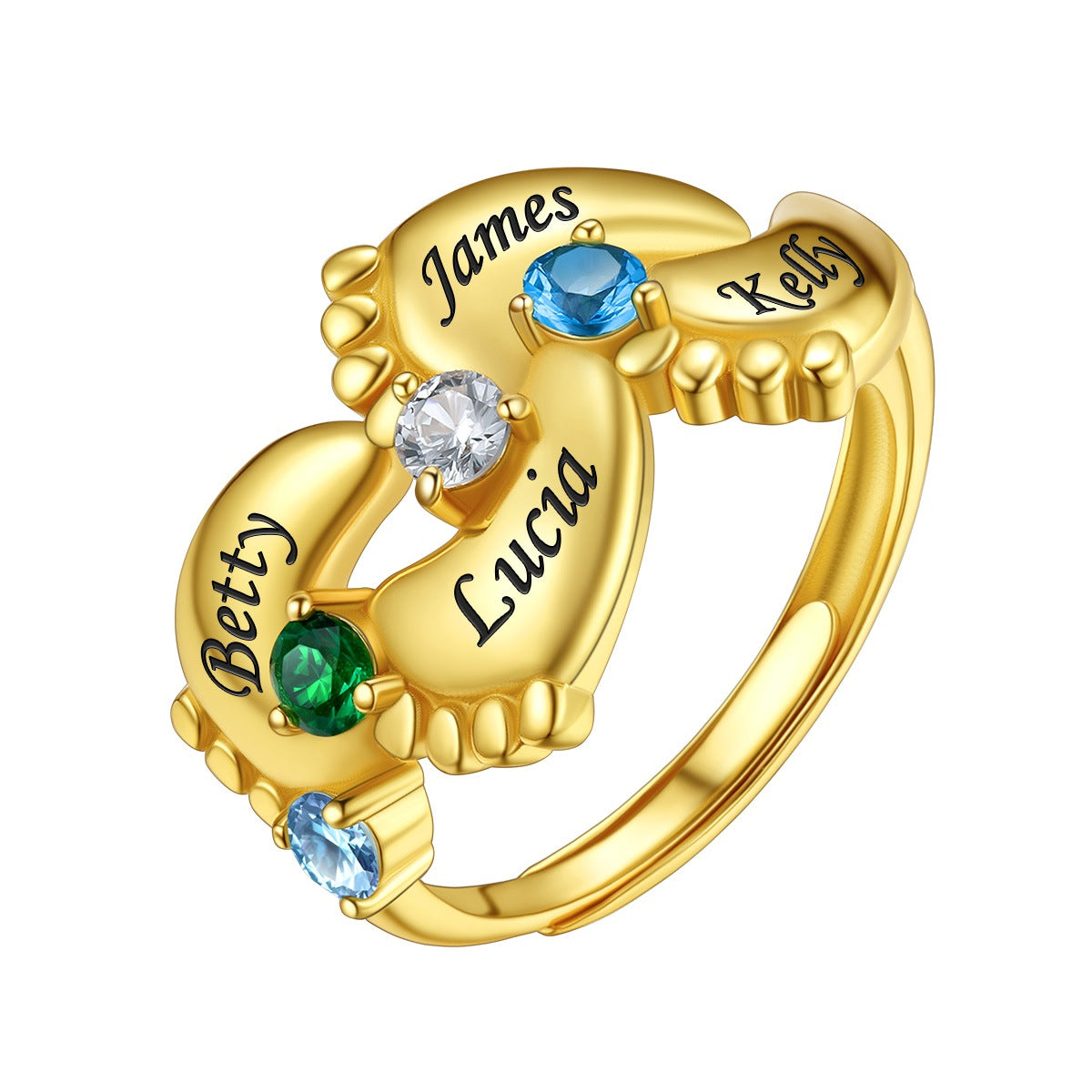 4 Footprint Mother's Birthstone Ring with Names Gold Plated