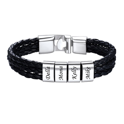 4 Name Beads Leather Braided Layer Bracelet