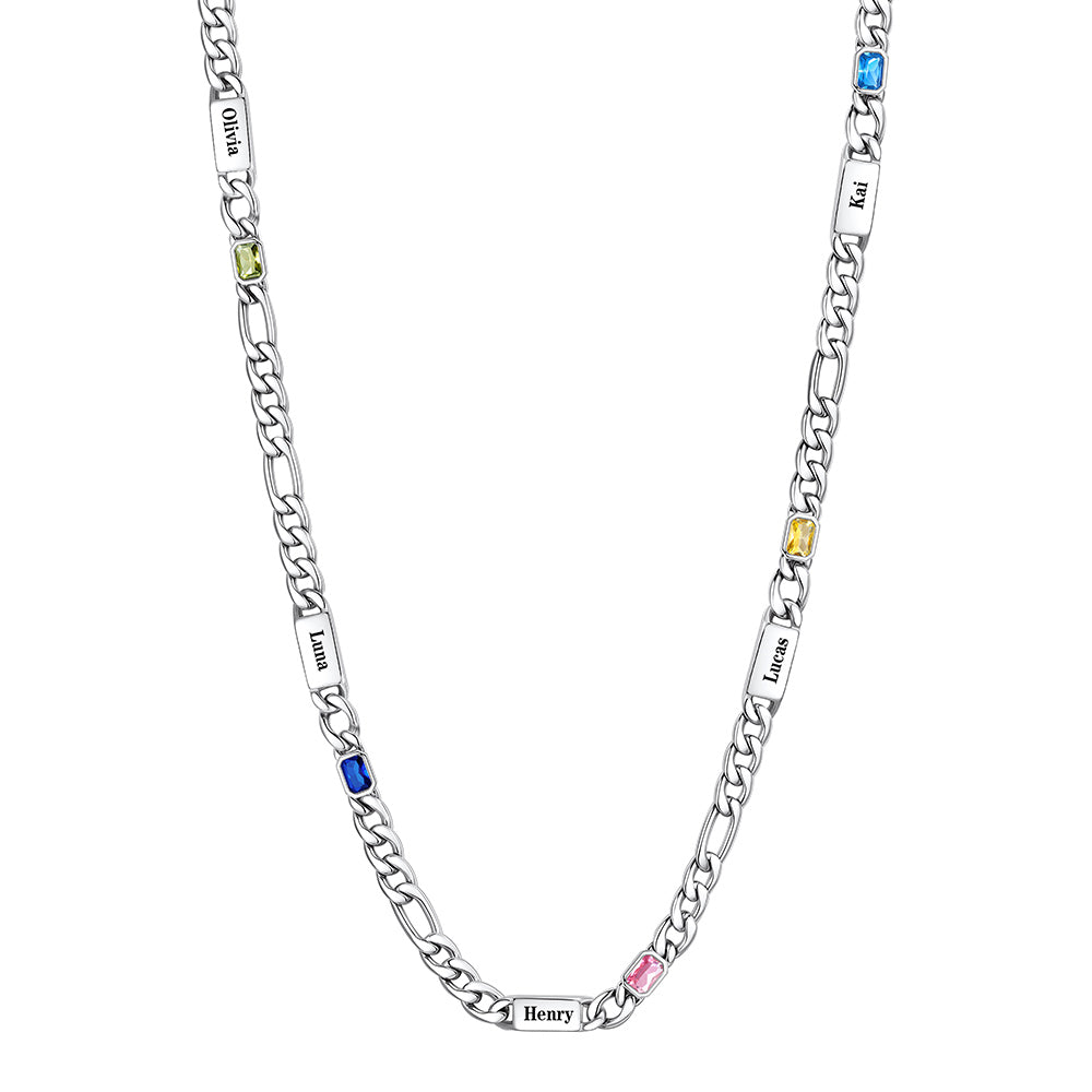 5-Name Birthstone Figaro Chain Necklace on a white background