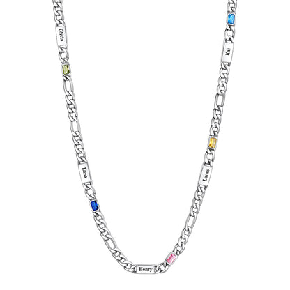 5-Name Birthstone Figaro Chain Necklace on a white background
