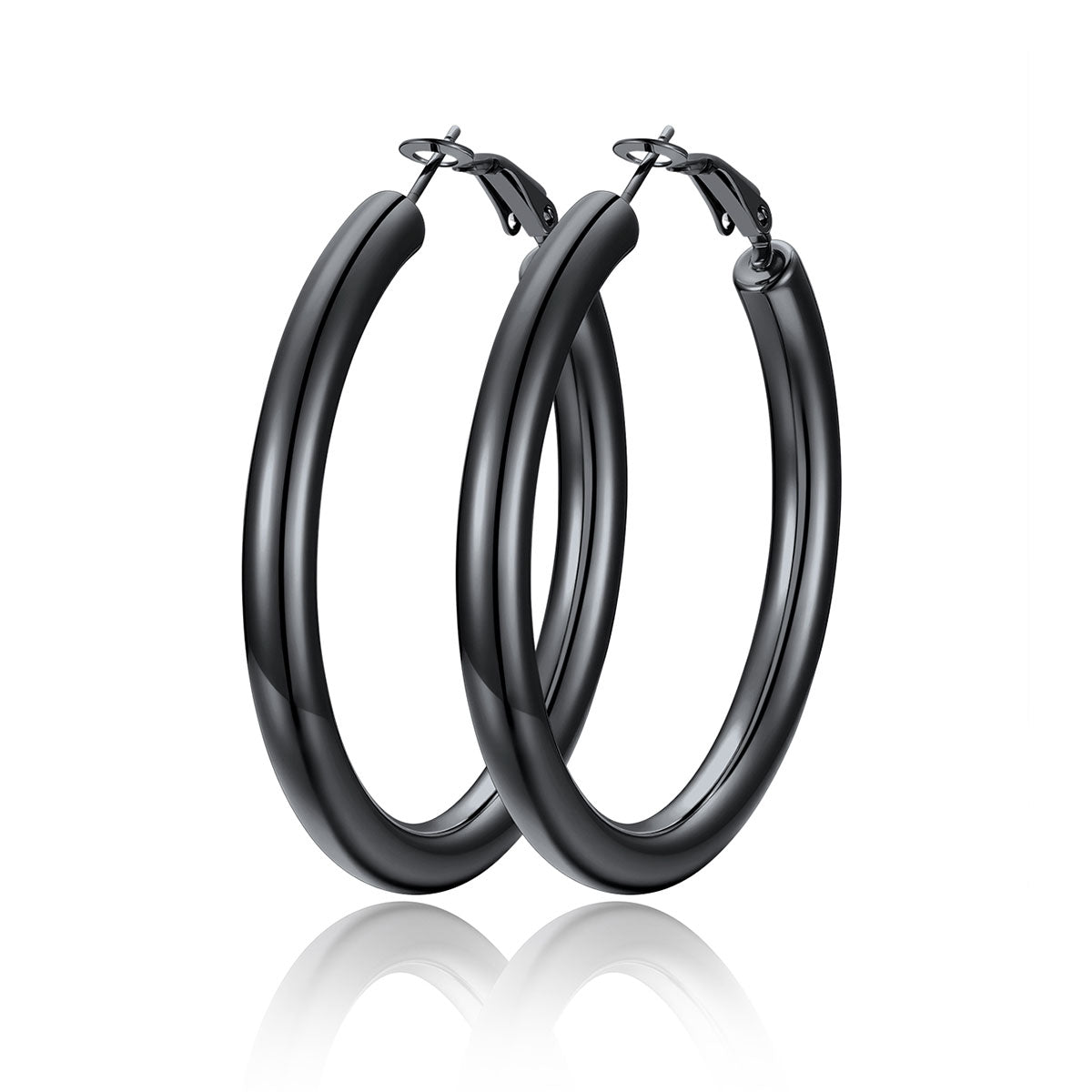 50mm Black hoop earrings on a white background