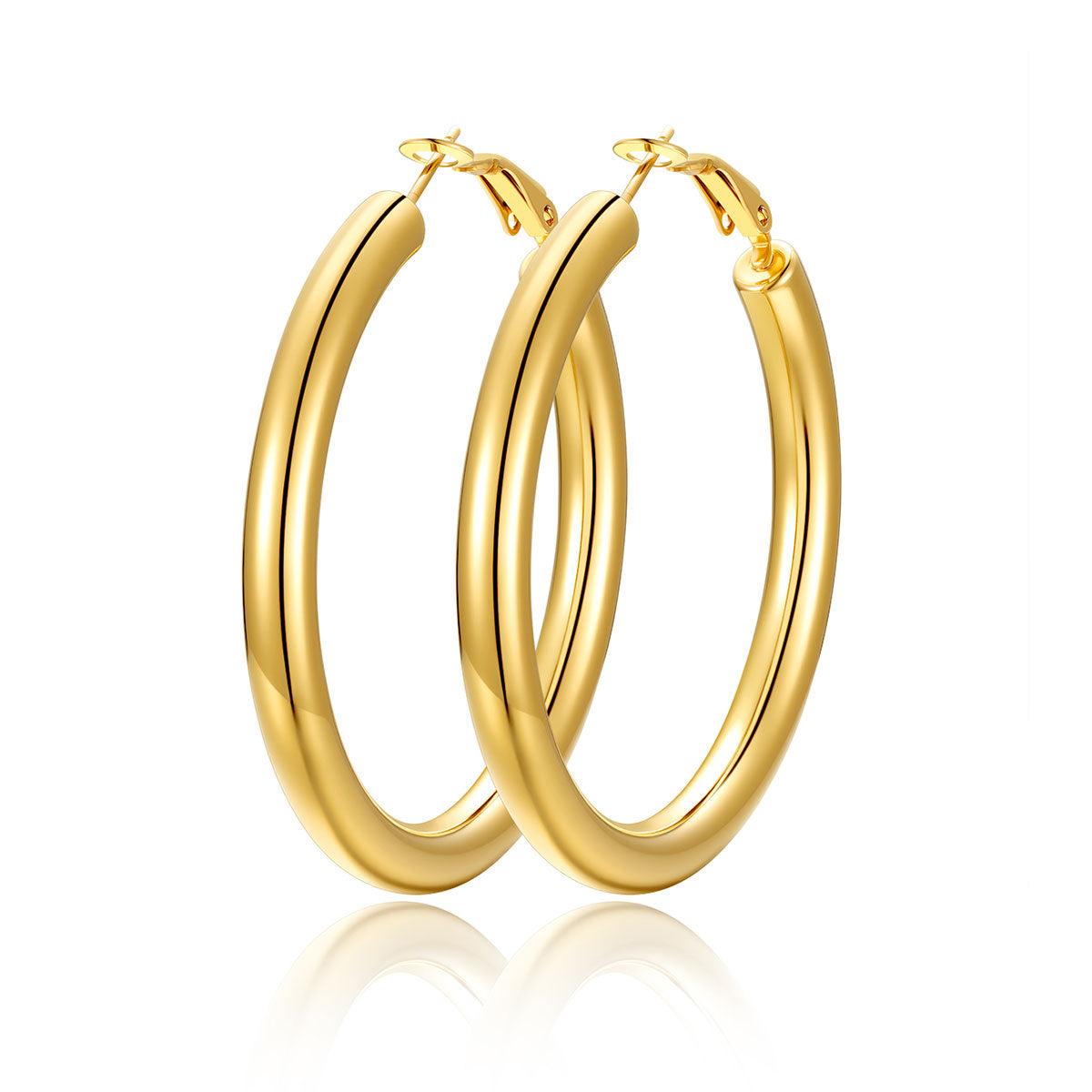 50mm Gold hoop earrings on a white background
