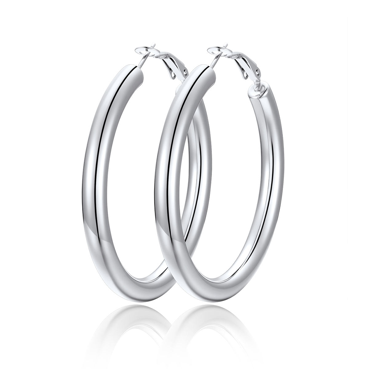 50mm Pair of silver hoop earrings on a white background