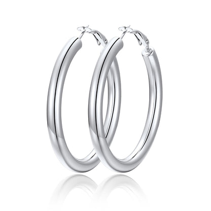 50mm Pair of silver hoop earrings on a white background