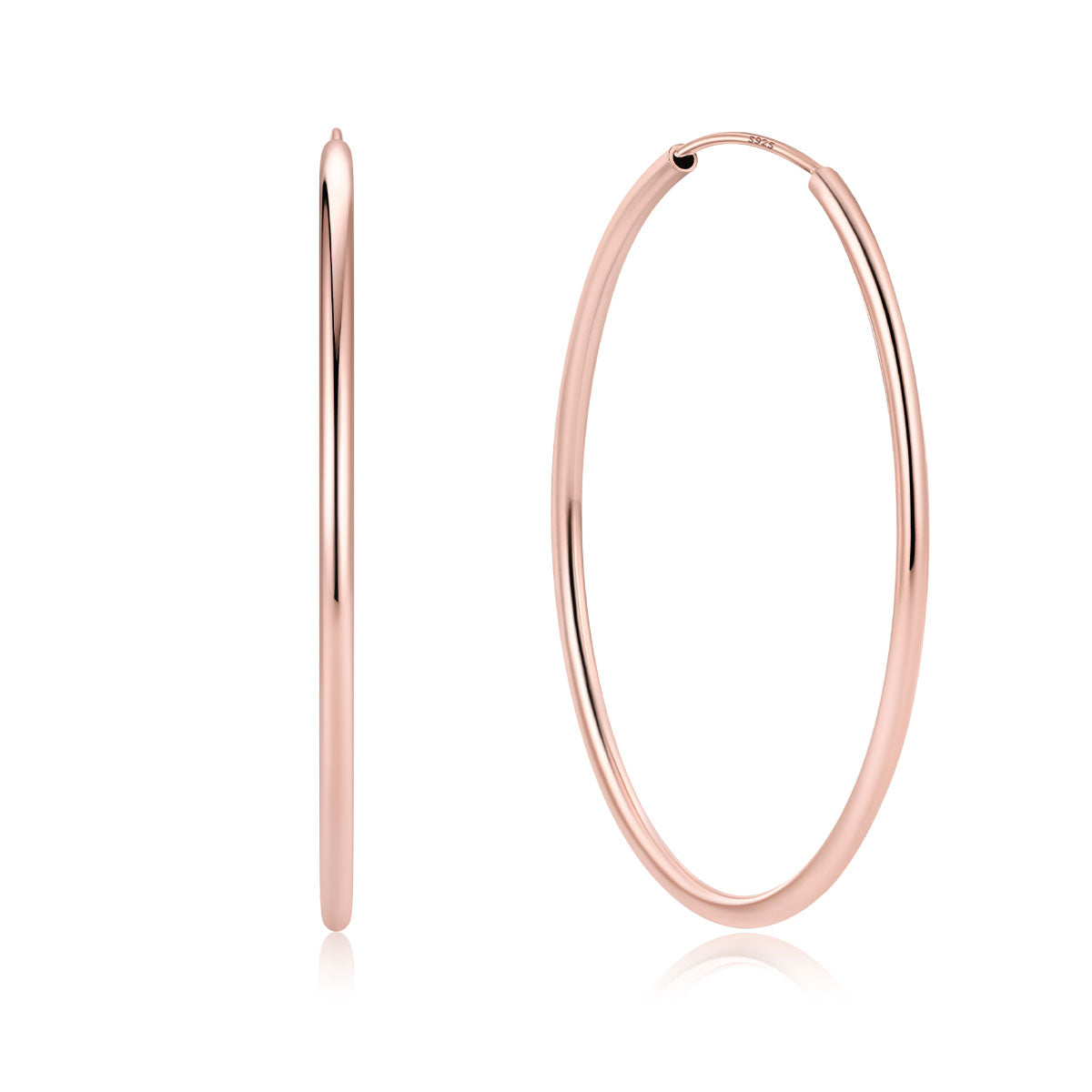 50mm Rose gold hoop earrings on a white background