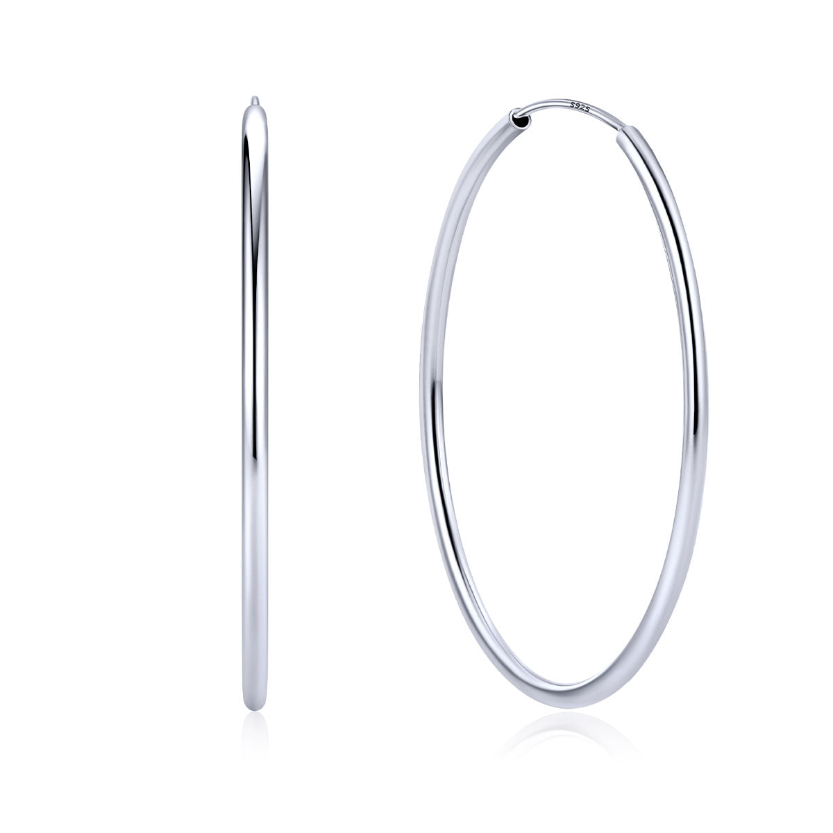 50mm Silver hoop earrings on a white background