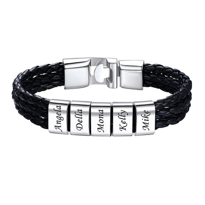 5 Name Beads Leather Braided Layer Bracelet