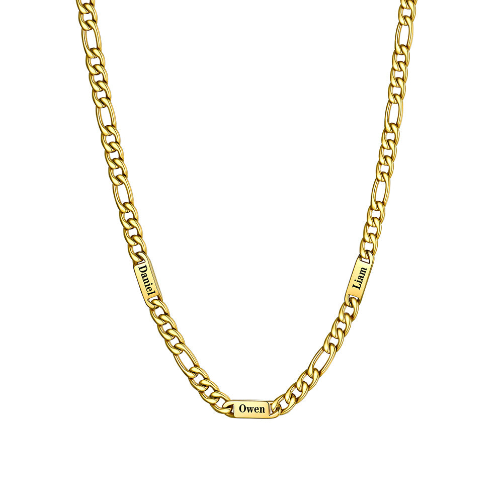 5mm 3 Name Figaro Chain Necklace Gold Plated