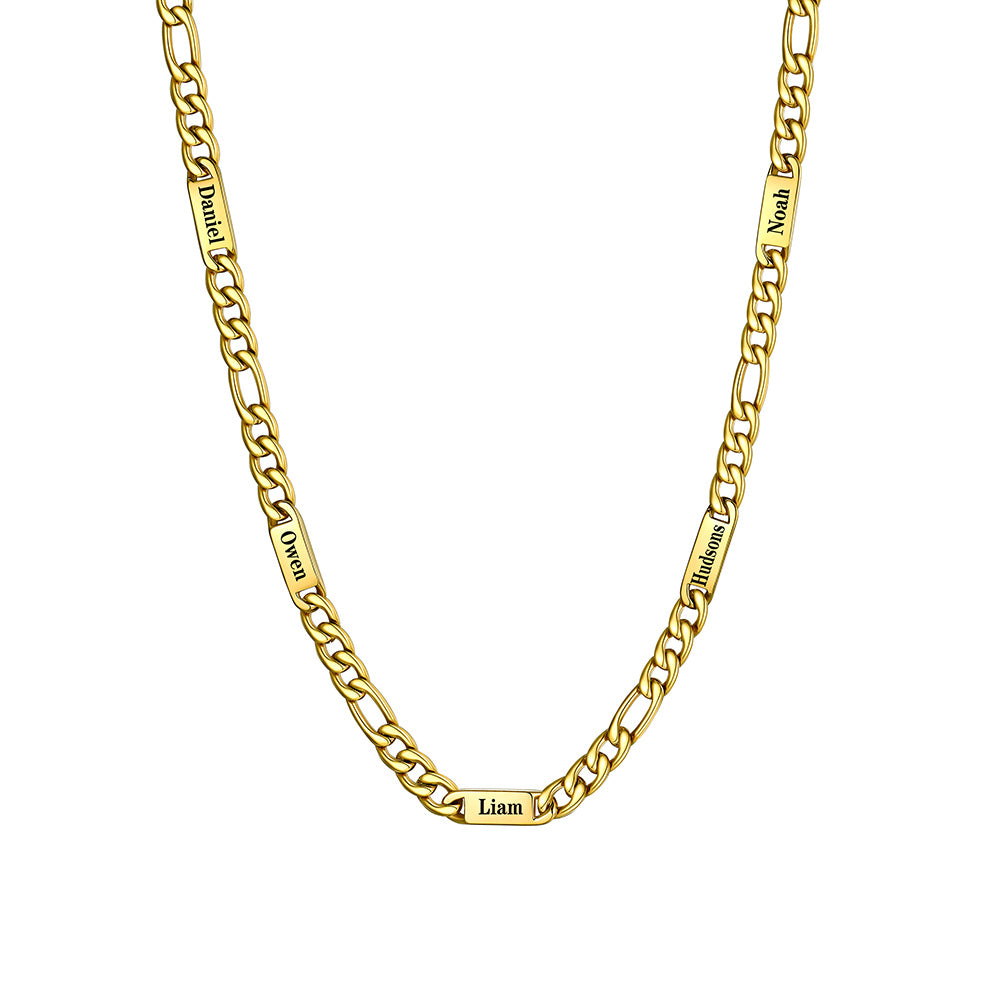 5mm 5 Name Figaro Chain Necklace Gold Plated